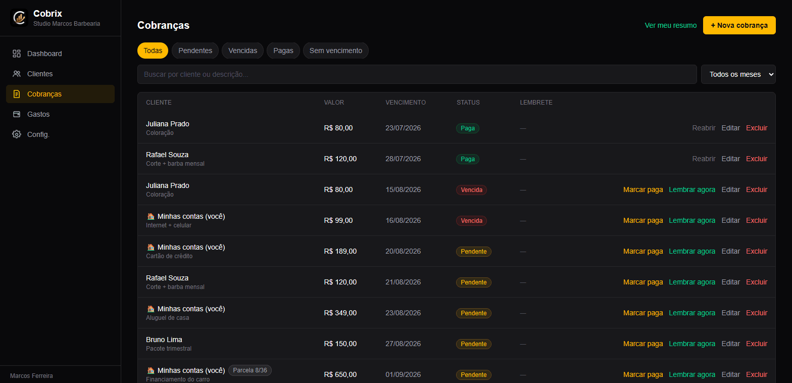 Tela de Cobranças do Cobrix Pro mostrando clientes do negócio e contas pessoais (Minhas contas) na mesma lista, cada um com seu ícone