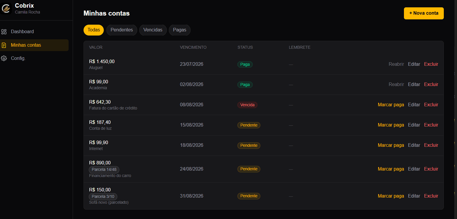 Tela Minhas contas do Plano Pessoal do Cobrix, com contas parceladas, pagas e vencidas organizadas numa lista