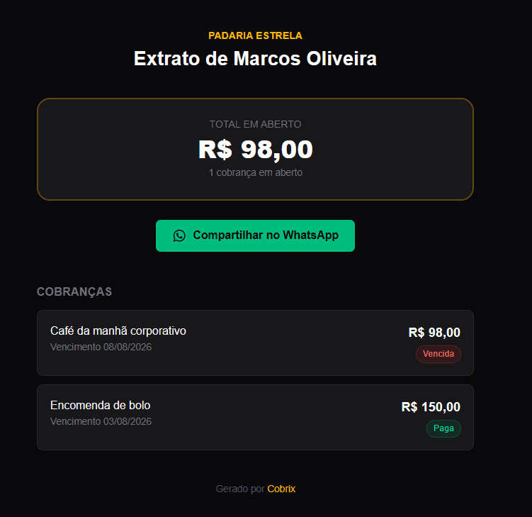 Extrato compartilhável do Cobrix, com total em aberto e botão de compartilhar no WhatsApp